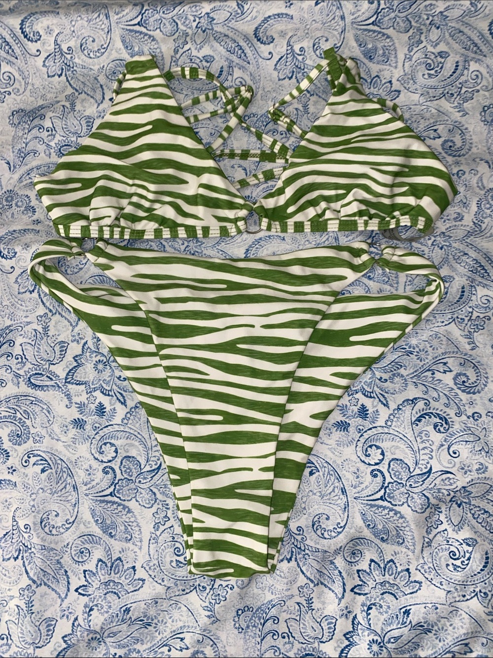 White and Green Striped Triangle Bikini Top
